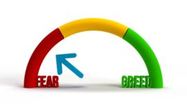 3D Fear and Greed Arch Index concept: Emotional stress factor in Stock Markets.  Crypto currency trading sentiment indicator. Investment risk psychology. Blockchain speculation. Price movements are unpredictable and risky. Blue arrow mowing between red Fear, yellow neutral and green Greed Index.